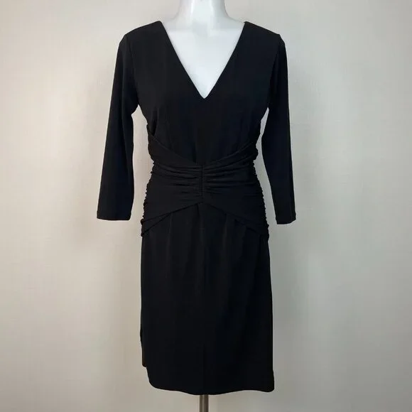 Ann Taylor Sheath Dress 6 Black Shirred Waist 3/4 Sleeve V-Neck Stretch Women's - Picture 1 of 11